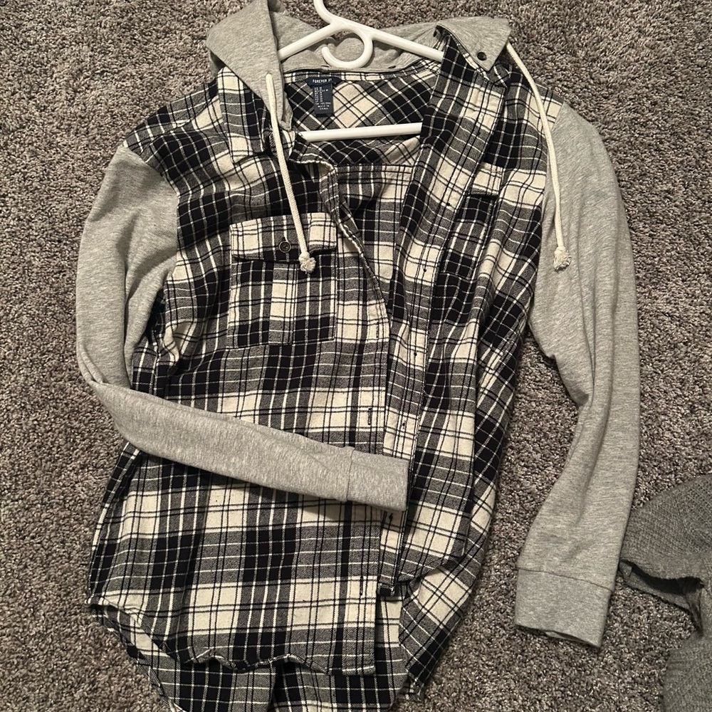 Plaid Hoodie Shirt with Gray Sleeves